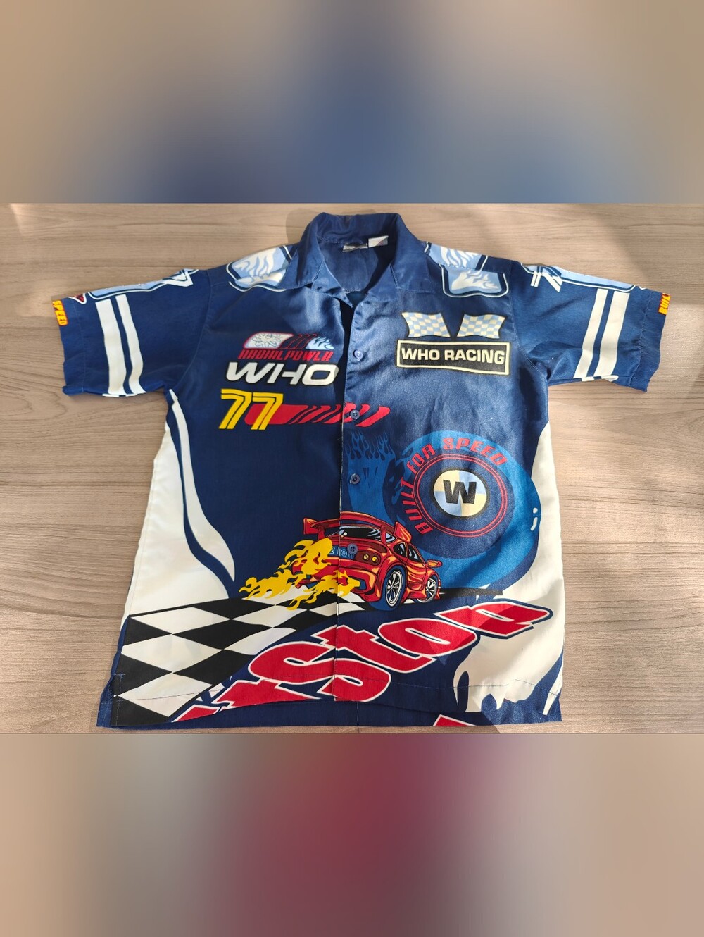 Men's WHO Jeans Racing Button-Up Shirt Blue Size M - Y2K